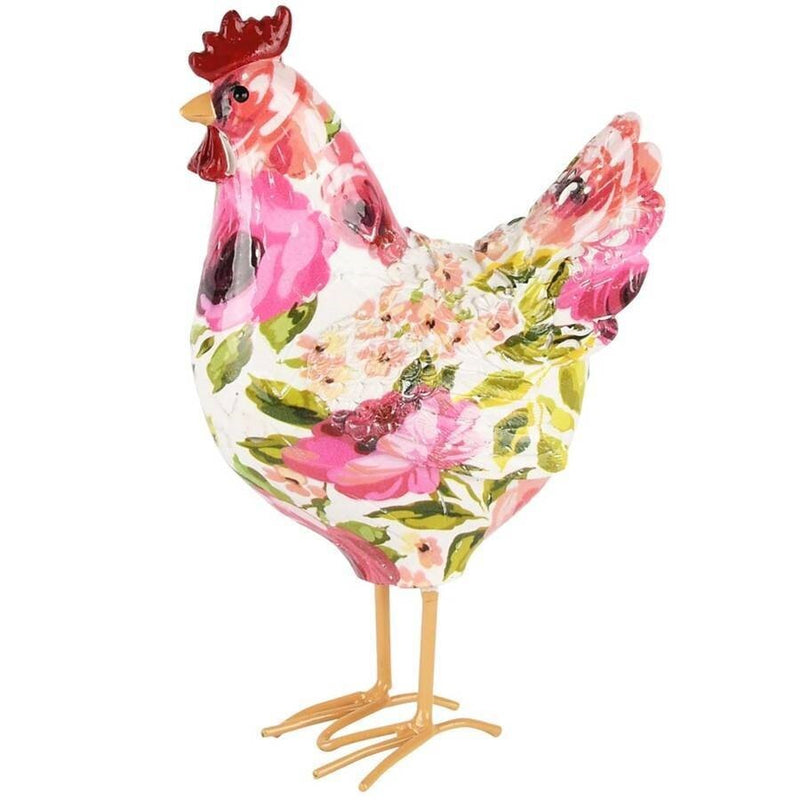 Pollo Flores Viejas Rosa/Blanco/Verde Poliresina 11x7x17cm