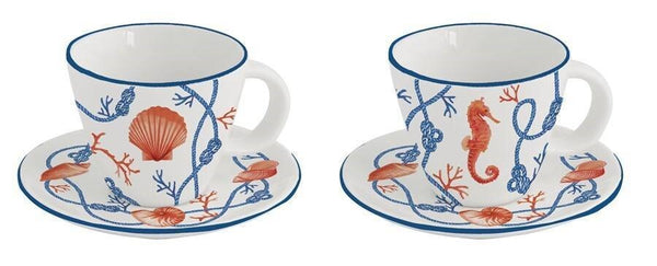 Juego De 2 Tazas De Porcelana  Con Platillos Mod Costa De Mar120ml