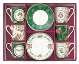 Juego De 6 Tazas Con Platillos Verde/Blanco/Flores Botanic Chic Porcelana 100 ml