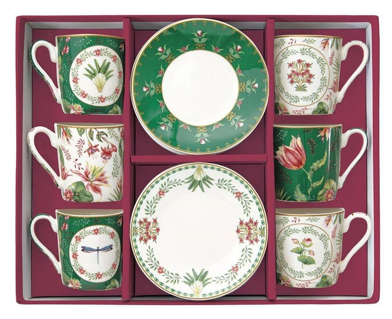Juego De 6 Tazas Con Platillos Verde/Blanco/Flores Botanic Chic Porcelana 100 ml