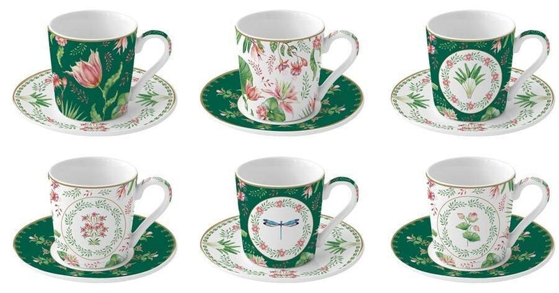 Juego De 6 Tazas Con Platillos Verde/Blanco/Flores Botanic Chic Porcelana 100 ml
