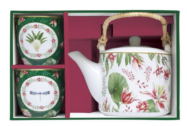 Tetera Con Tazas Botanic Chic Blaco/Verde/Flores  Porcelana 600 ml + 160 ml