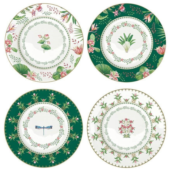 Juego De 4 Platos Botanic Chic  Verde/Blanco/Flores Porcelana 19 x 19 cm