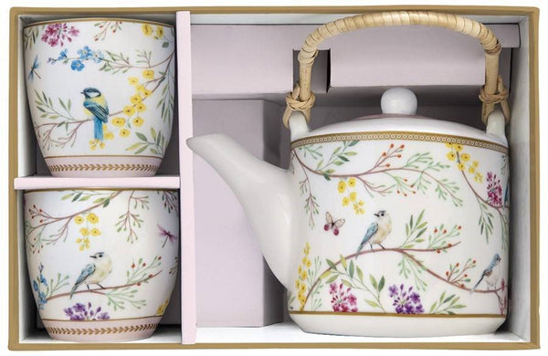 Tetera Con Tazas Pajaros Melody  Porcelana 600 ml + 160 ml