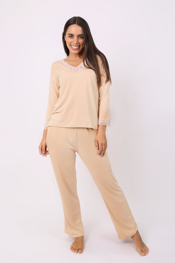 PIJAMA MUJER OI23 MANGA LARGA BEIGE M