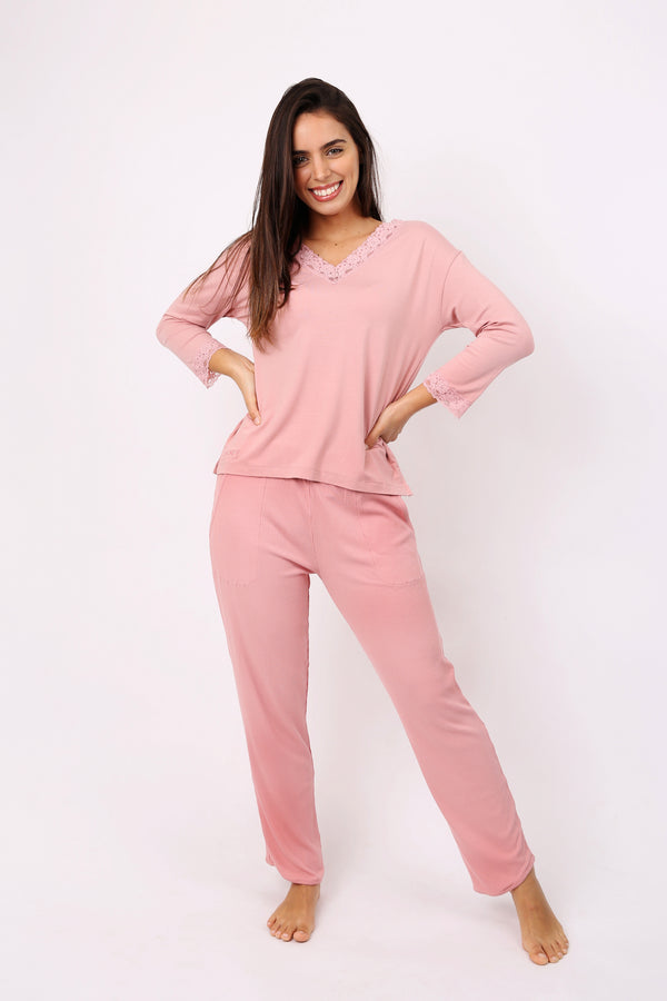 PIJAMA MUJER OI23 MANGA LARGA PALO ROSA M