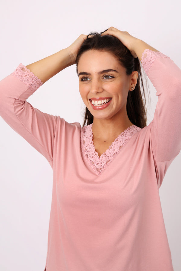 PIJAMA MUJER OI23 MANGA LARGA PALO ROSA M