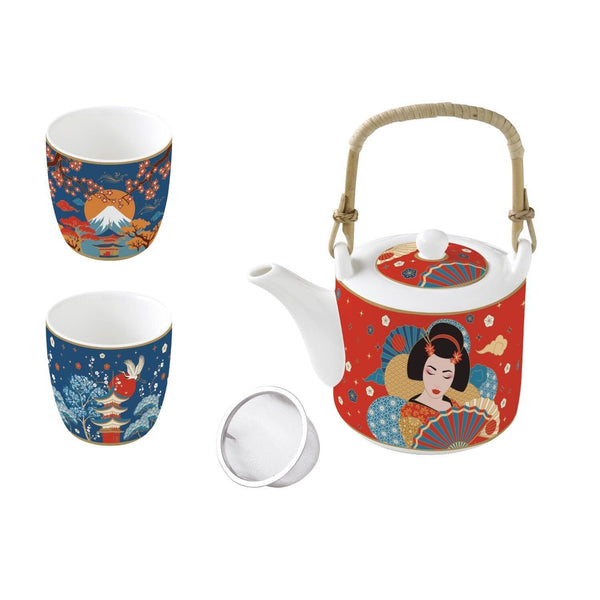 Tetera+ 2 Tazas De Porcelana Tokio Japon