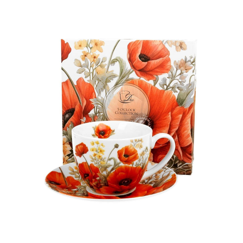 Taza C/Plato De Porcelana Modelo Amapolas