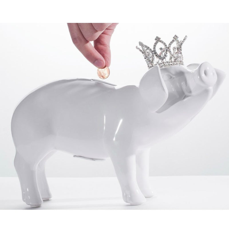 Figura alcancia cerdo blanco de ceramica con corona 12p