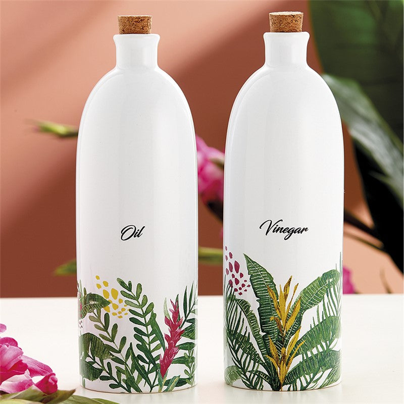 Set  Aceitera+Vinagrera De Gres Modelo Tierra Blanco/Flores