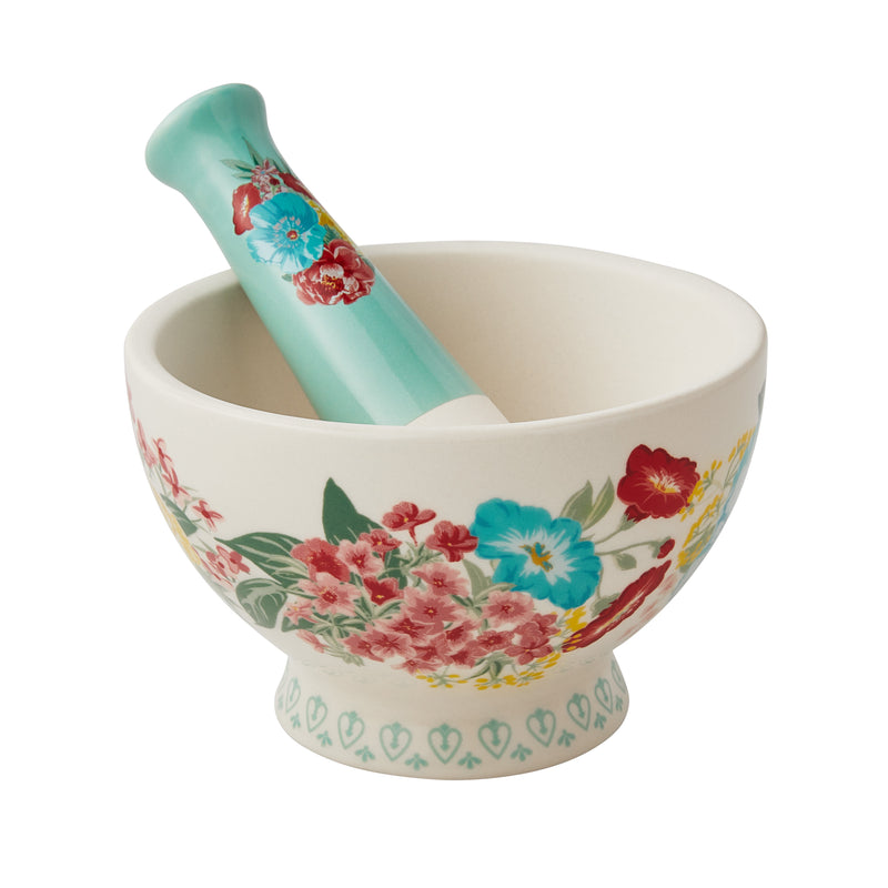 BOWL Y MORTERO DE 5.3 PULGADAS DE CERAMICA MARCA PIONEER WOMAN COLECCIÓN FANCY FLOURISH