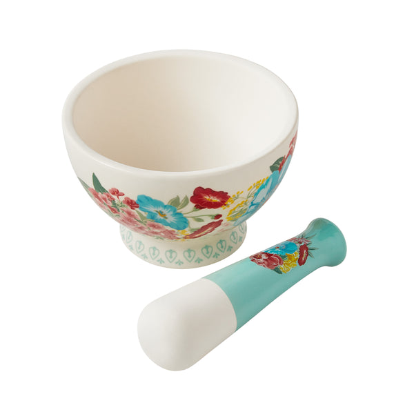 BOWL Y MORTERO DE 5.3 PULGADAS DE CERAMICA MARCA PIONEER WOMAN COLECCIÓN FANCY FLOURISH