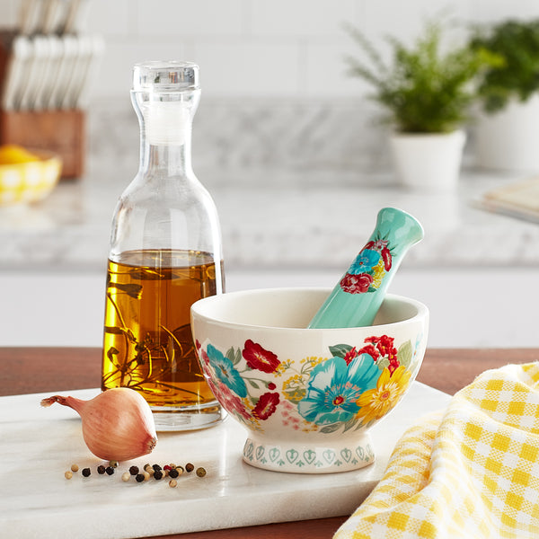 BOWL Y MORTERO DE 5.3 PULGADAS DE CERAMICA MARCA PIONEER WOMAN COLECCIÓN FANCY FLOURISH