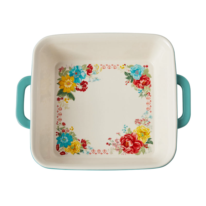 FUENTE CUADRADA DE 7.9 PULGADAS DE CERAMICA MARCA  PIONEER WOMAN COLECCION FANCY FLOURISH