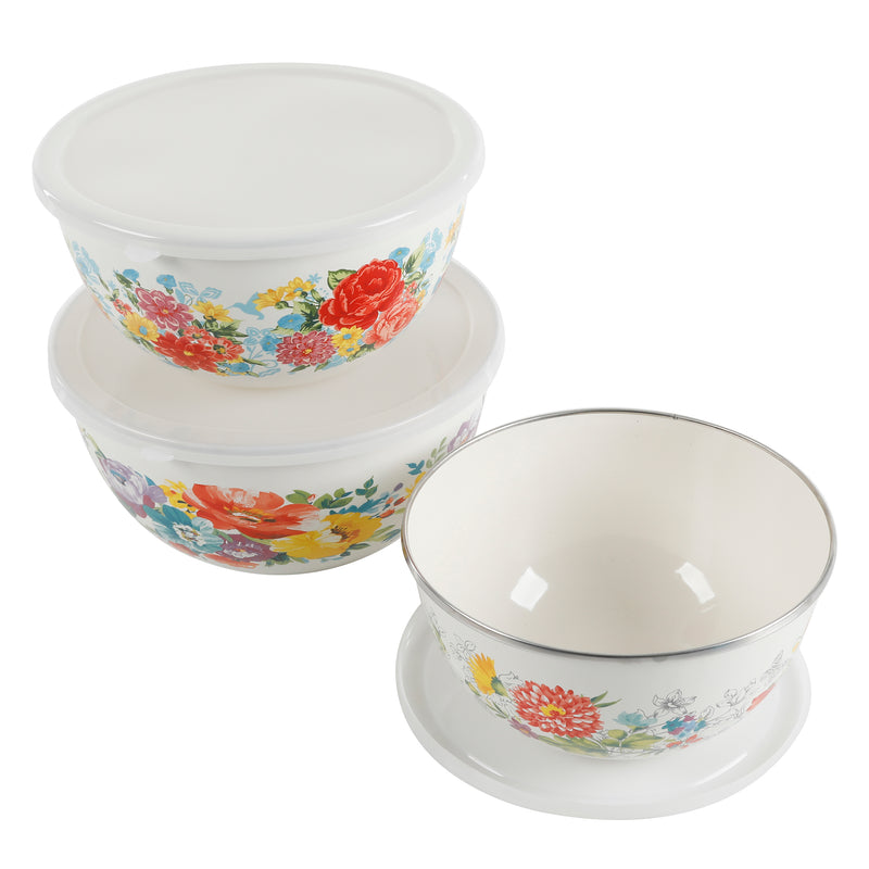 JUEGO DE 3 BOWLS DE ACERO CON TAPA MARCA PIONEER WOMAN COLECCIÓN SWEET ROMANCE