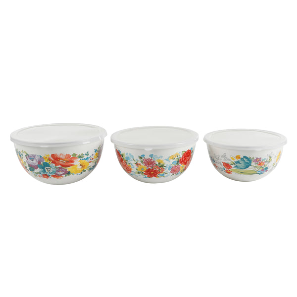 JUEGO DE 3 BOWLS DE ACERO CON TAPA MARCA PIONEER WOMAN COLECCIÓN SWEET ROMANCE