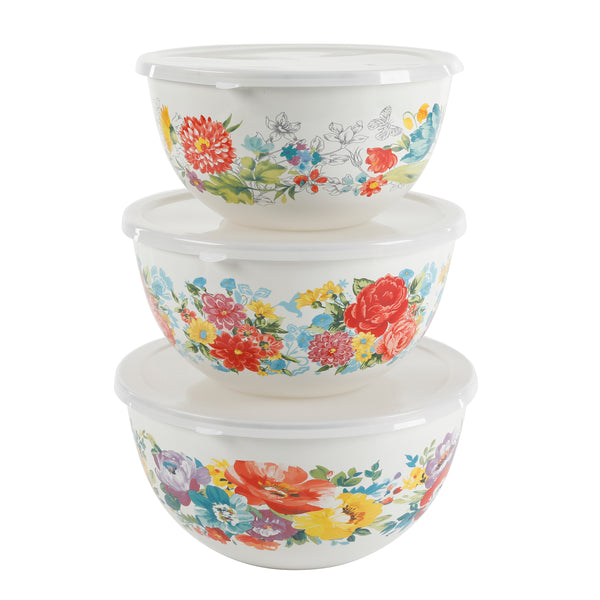 JUEGO DE 3 BOWLS DE ACERO CON TAPA MARCA PIONEER WOMAN COLECCIÓN SWEET ROMANCE