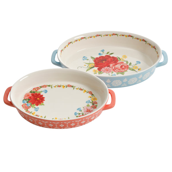 JUEGO DE 2 FUENTES HONDAS DE CERAMICA  MARCA PIONEER WOMAN COLECCIÓN SWEET ROSE