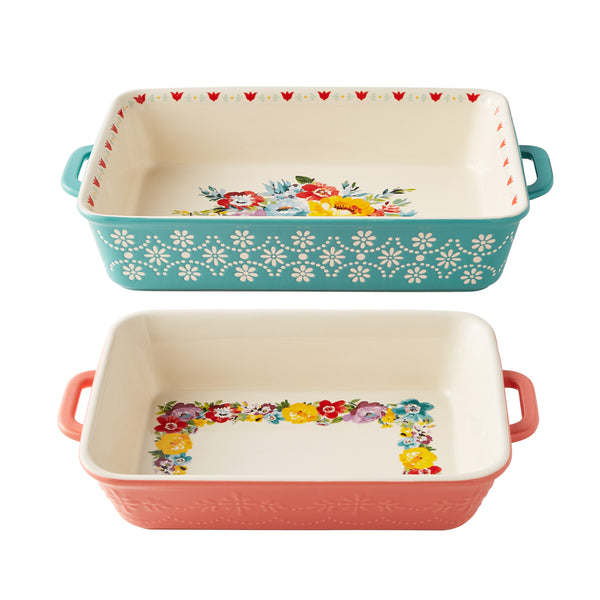 JUEGO DE 2 FUENTES RECTANGULAR DE CERAMICA MARCA PIONEER WOMAN COLECCION SWEET ROMANCE