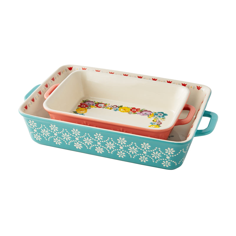 JUEGO DE 2 FUENTES RECTANGULAR DE CERAMICA MARCA PIONEER WOMAN COLECCION SWEET ROMANCE