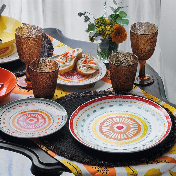 Jg Vajilla De Porcelana 18 pzas Modelo Aruba Colores Rojo/Amarillo/Blanco