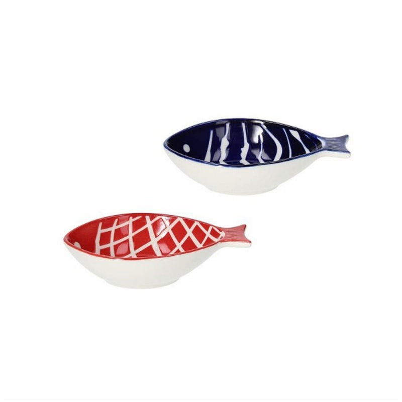 Bolws De Gres De Porcelana Peces Ovalado Pescado Azul/Rojo