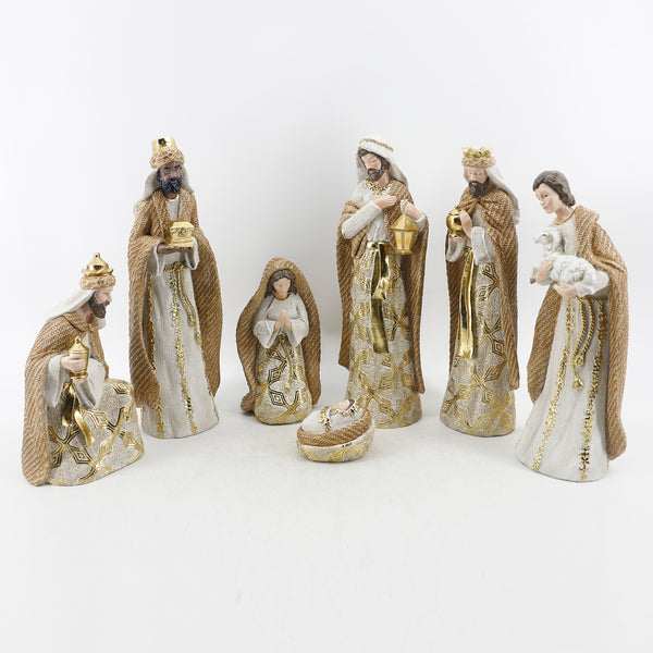 Jg De Nacimiento Blanco/Dorado 7pzas 35.7cm Resina Plastica