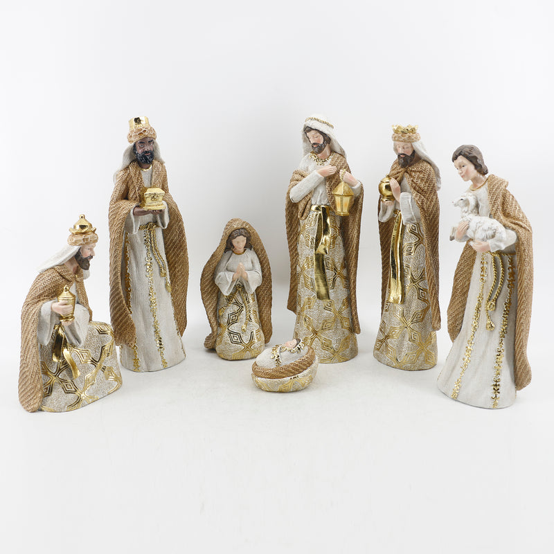 Jg De Nacimiento Blanco/Dorado 7pzas 35.7cm Resina Plastica