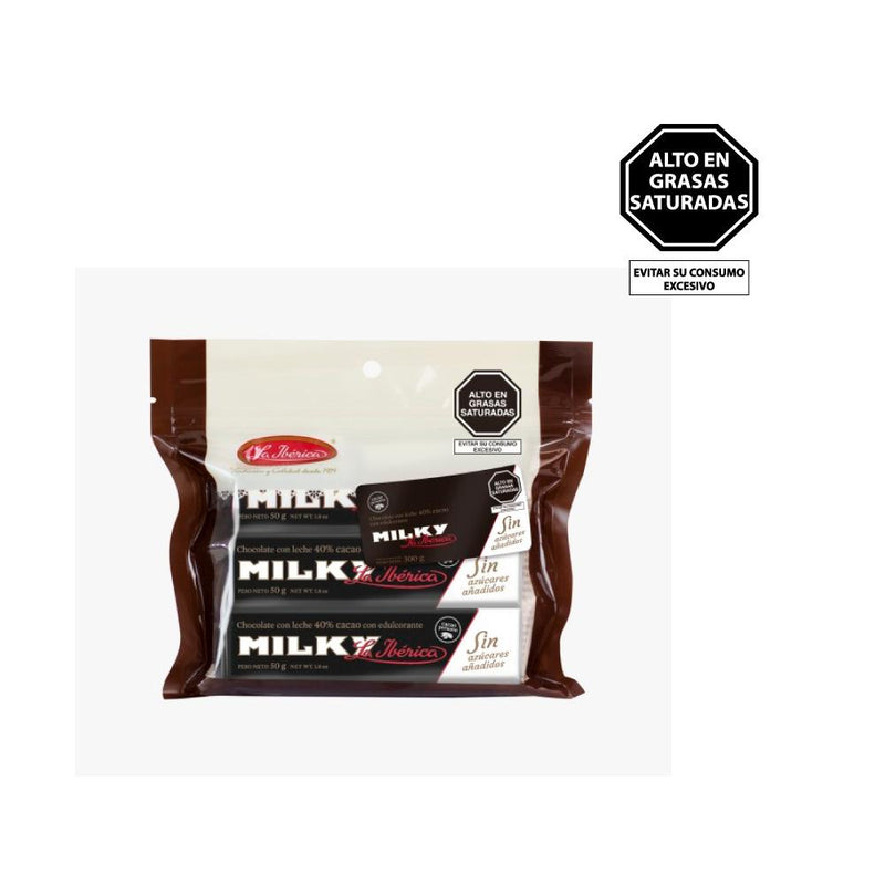 La Ibérica Barra Milky sin azúcar 50 gr por 6 piezas contiene chocolate con leche 40% cacao y edulcorante. (5831215349912)