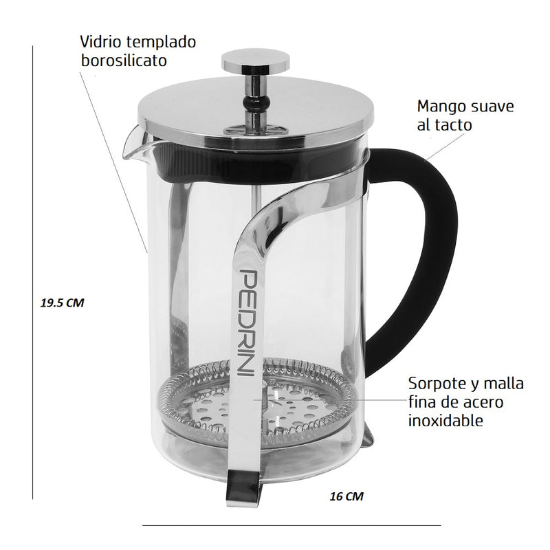 Pedrini Prensa para café 800 ml Vidrio Templado Soporte De Acero Inoxidable
